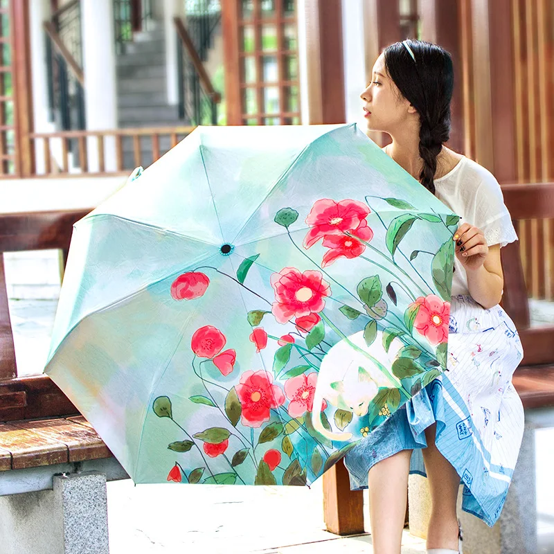 

TIANQI High Quality Fresh Painting Balck Glue Outside Umbrellas Women Rain Umbrella Sun Protection paraguas
