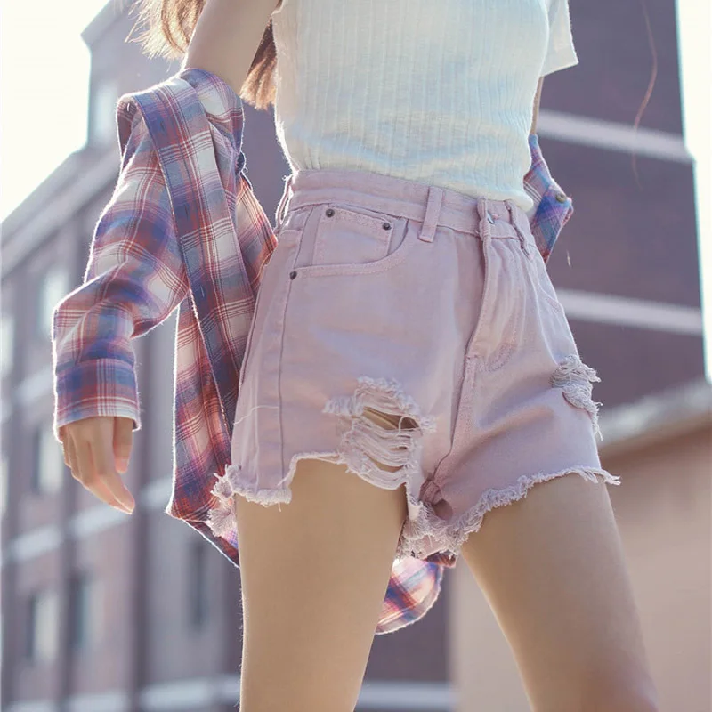 Новый Для женщин Джинсовые шорты для 2018 Лето Высокая Талия розовые BF Стиль Hole