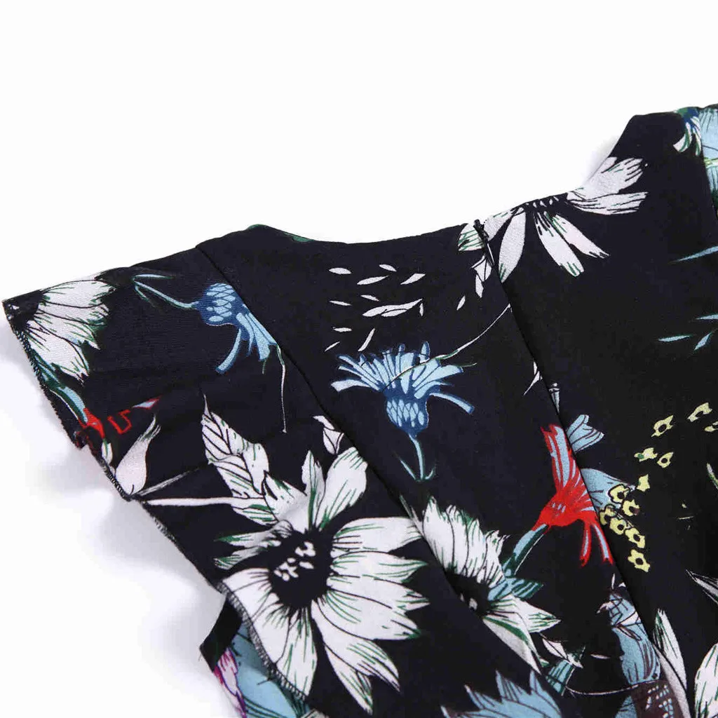 Для женщин Винтаж рюшами Floral Flared линии качели Повседневное платья шифон богемный