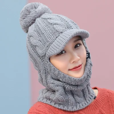 gray Теплая вязаная шапка, Меховая кепка с помпонами, маска, зимняя шапка для девочки, шерстяная вязаная шапка, женские шапки-Балаклавы Gorras Bonnet - Цвет: gray