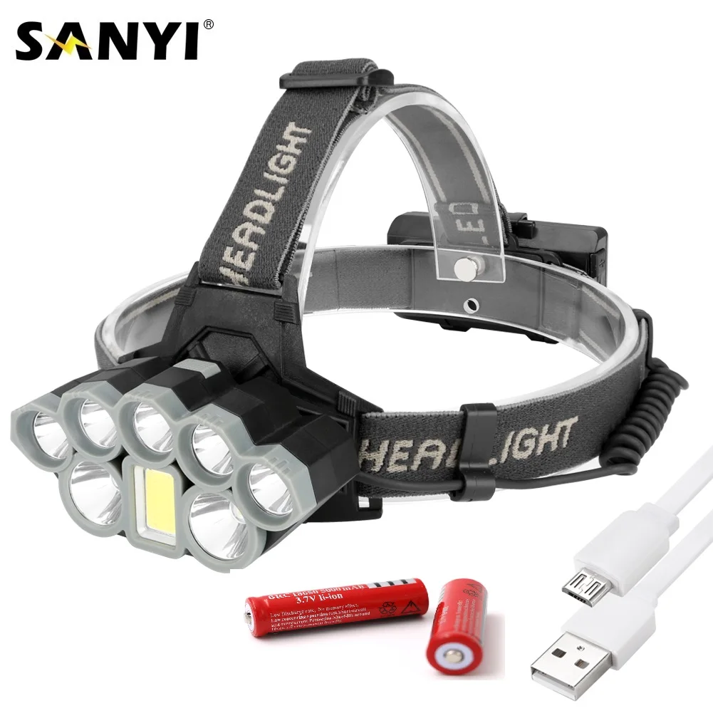 Светодиодный головной фонарь Sanyi XML T6 COB Головной с USB зарядкой красный задний 18650