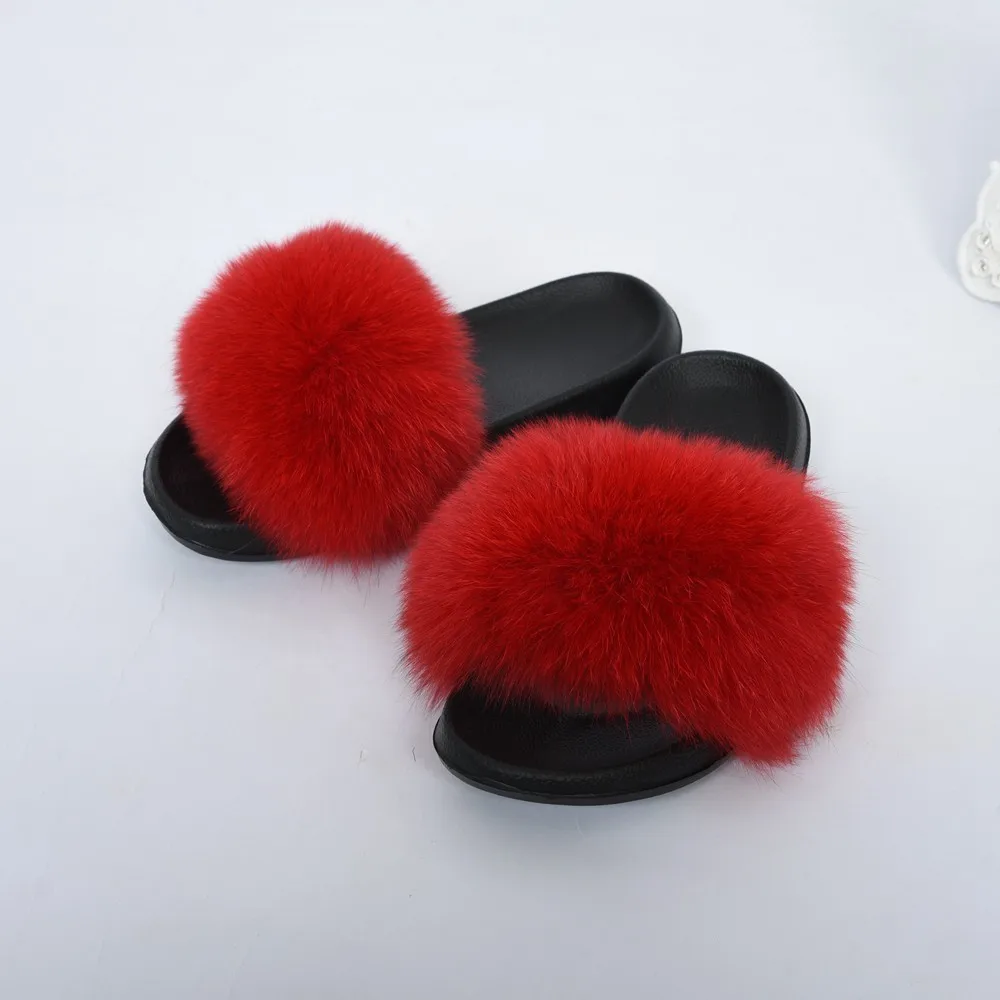 wine red Fluffy Slippers Real Fox Fur Slides Indoor Flip Flops Casual High Recommend Raccoon Fur Sandals Vogue Plush Shoes - Color: wine red