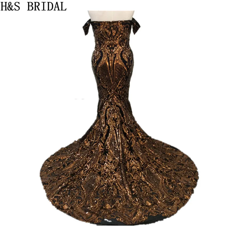 H&ampS BRIDAL Off Shoulder Mermaid Prom Dresses Gold Sequin Luxury Vintage Arabic Evening 2020 Plus Size robe de mariee | Свадьбы и
