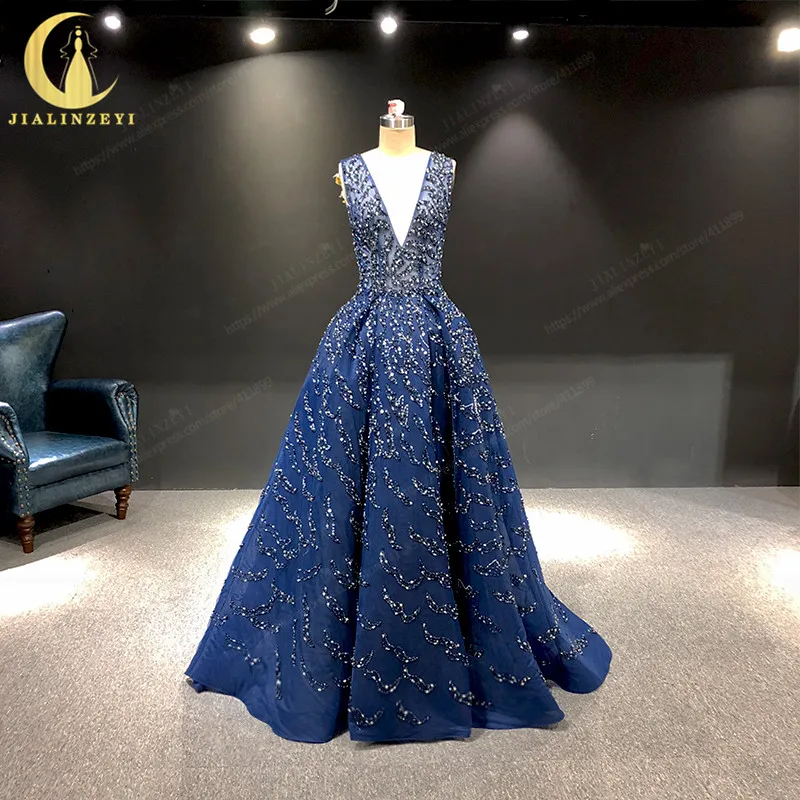 JIALINZEYI роскошные темно синие Серебристые бусины Zuhair Murad сексуальные формальные