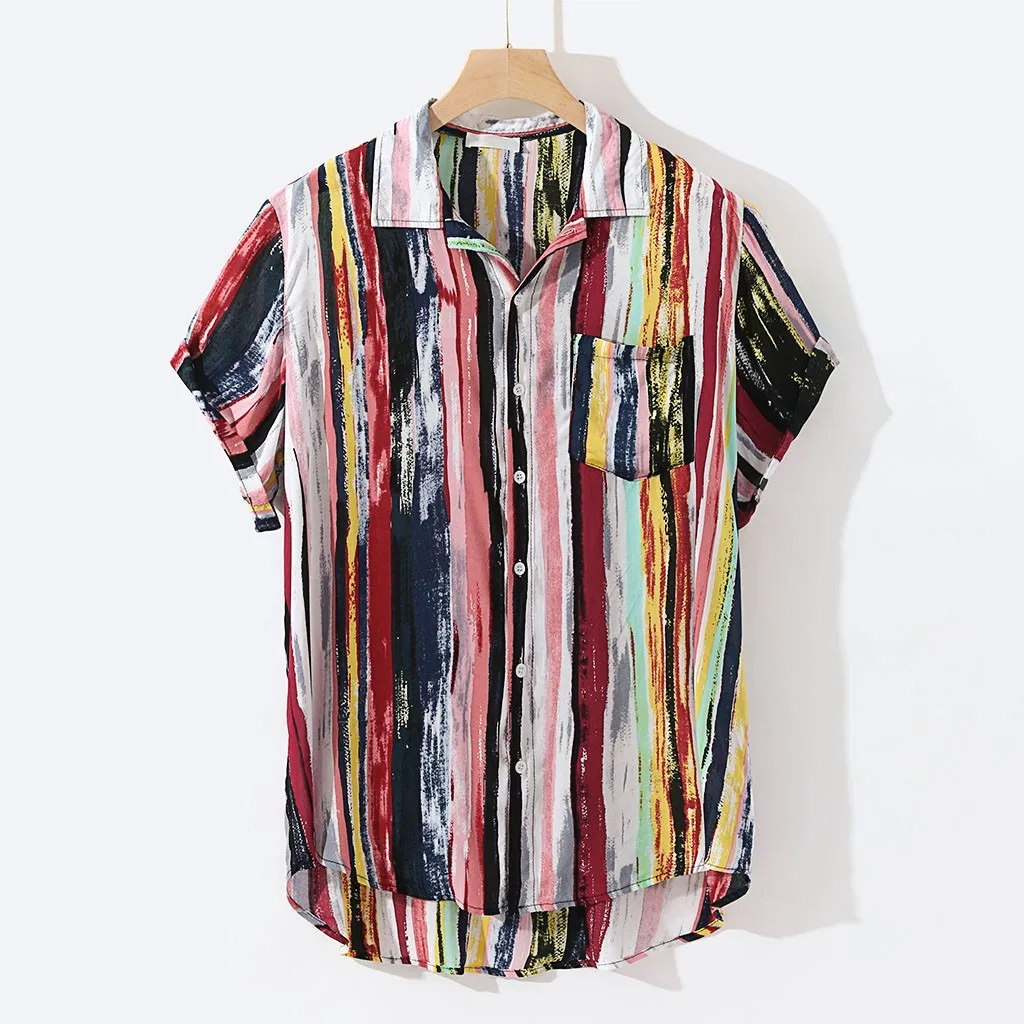 Новинка,, 4XL, мужские Разноцветные свободные рубашки с нагрудным карманом, с коротким рукавом и круглым подолом, мужские летние модные блузки