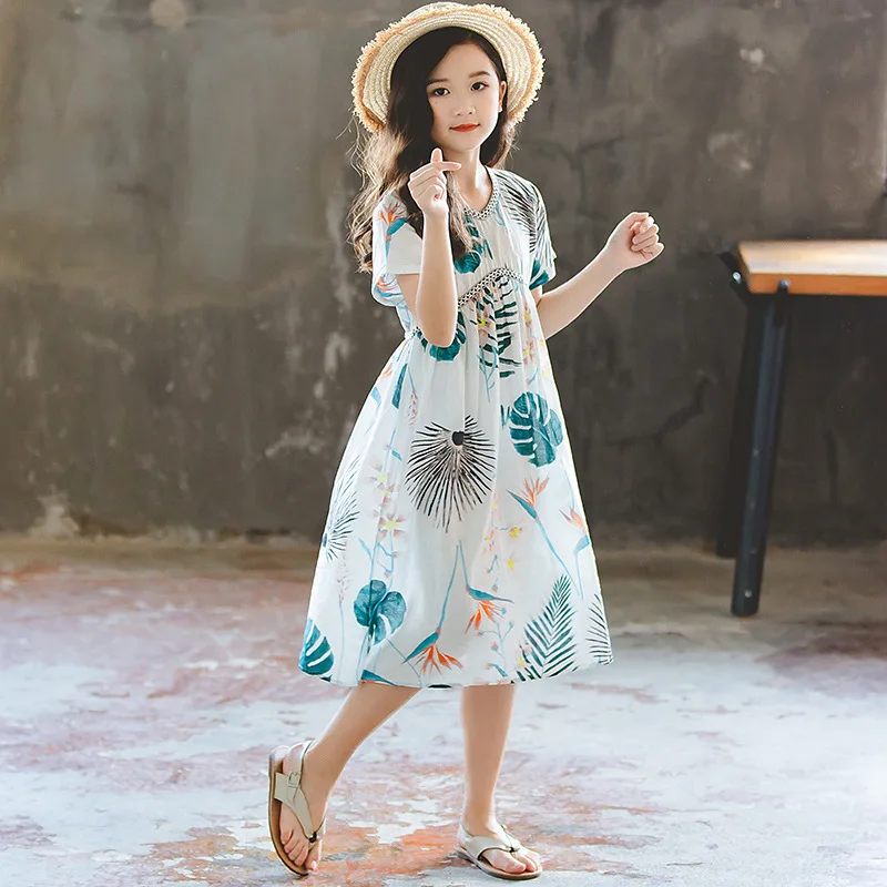Baby Girls Dress V-neck Banana Leaf Kids Dresses Teens Summer Boho Frocks 2020 Vestido For Beach Cotton Children's Clothes | Детская