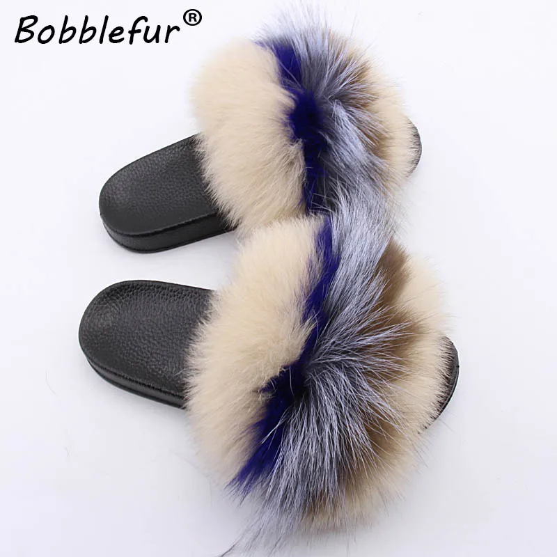 Ms.bobblefur Women Flip Flops Furry Indoor Natural Fox Fur Slipper Luxury Fluffy Plush Shoes FREE shipping | Обувь