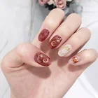 Средние блестящие стразы, накладные ногти с 3D звездой, луной, цветущие цветные ногти с клеем, женские накладные ногти в Корейском стиле
