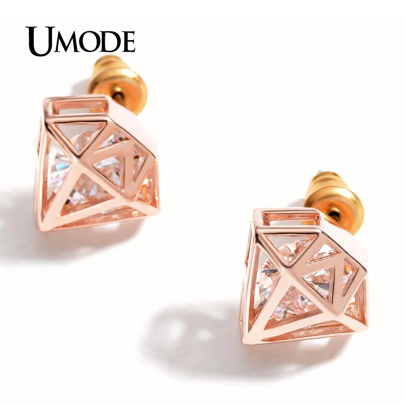 Женские серьги гвоздики UMODE цвета розового золота с фианитом AAA + лучшие подарки
