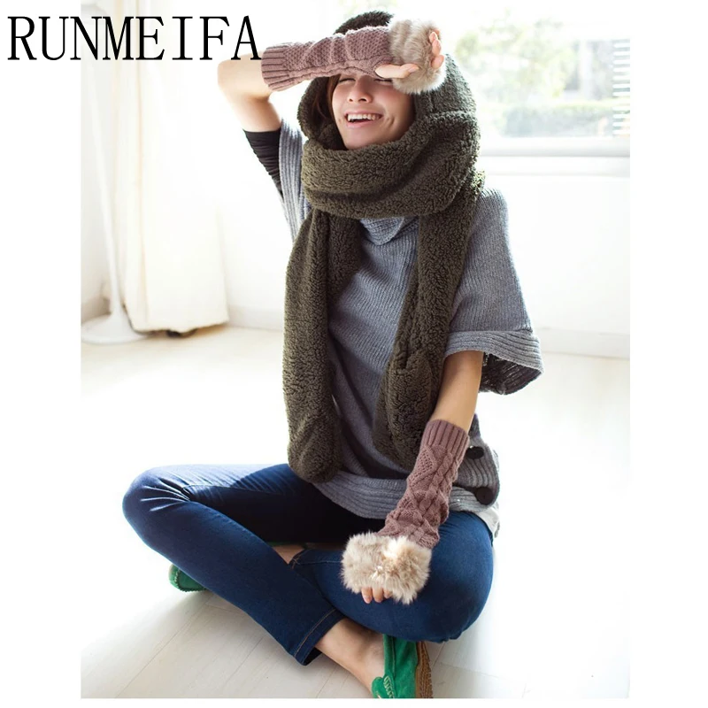 [RUNMEIFA] толстая и мягкая шаль зимние теплые шарфы варежки с капюшоном для женщин