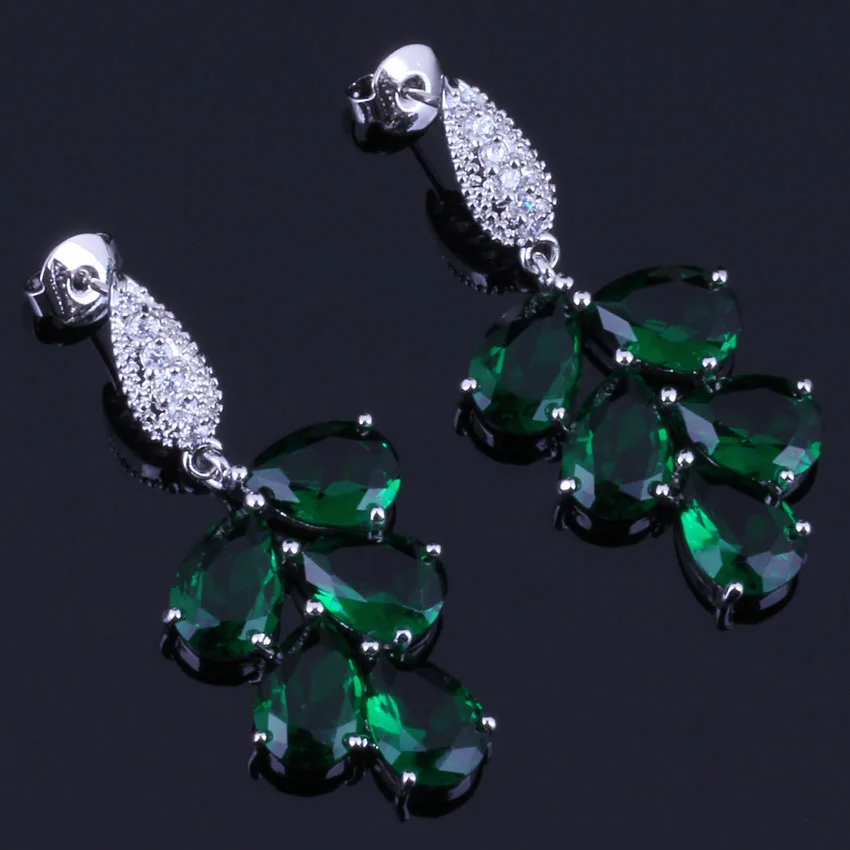 

Romantic Big Green Cubic Zirconia White CZ Silver Plated Drop Dangle Earrings V0340