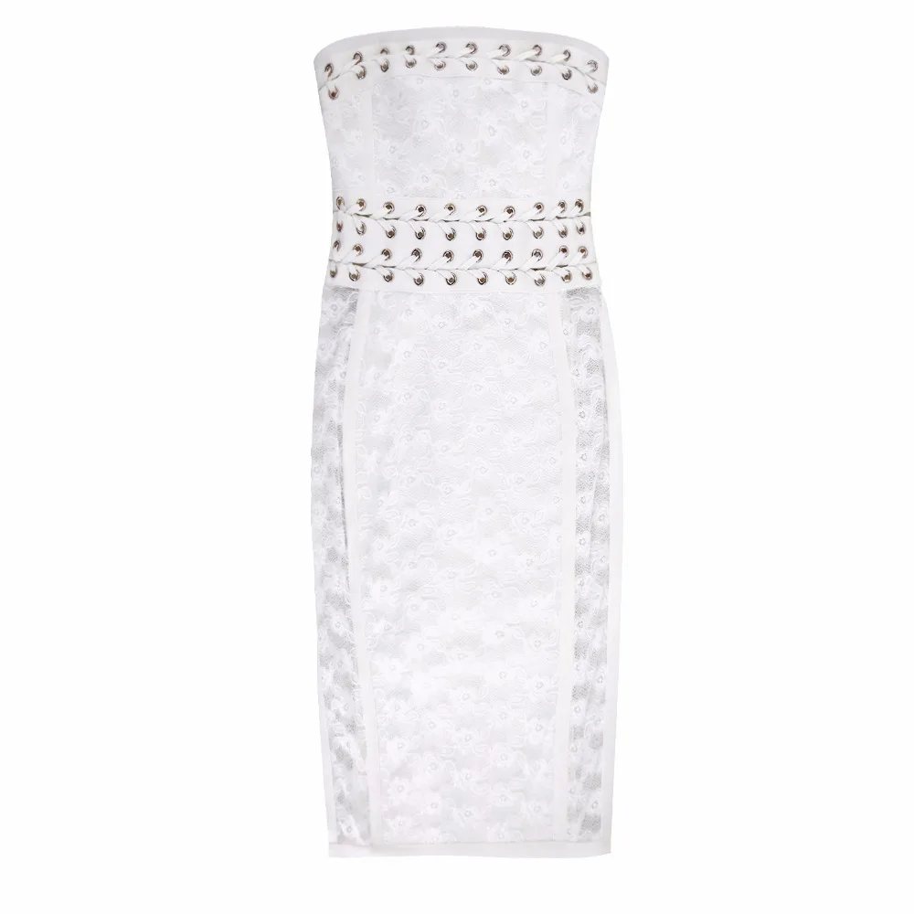 2019 Women Wedding Cocktail Premium Multi Eyelet Strapless Bodycon Hollow Out White Lace Up Side Knee Length Bandage Party Dress | Женская
