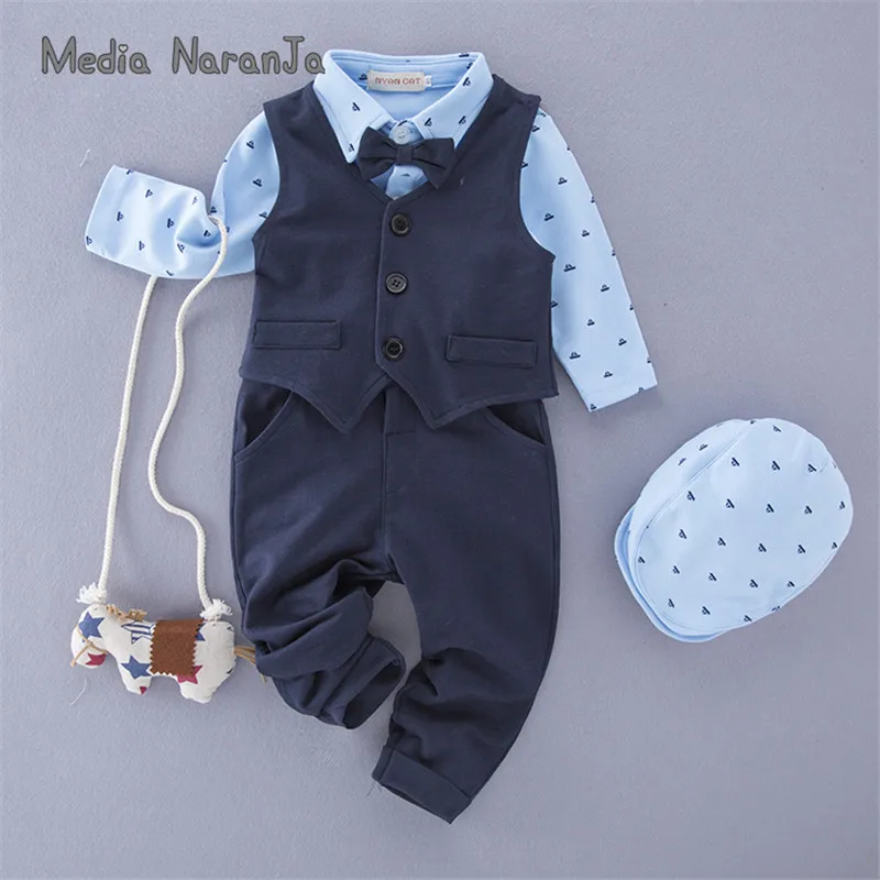 Baby boy clothes gentlemen wedding blue bow tie long sleeves romper+vest+pants+hat party birthday costume clothing |