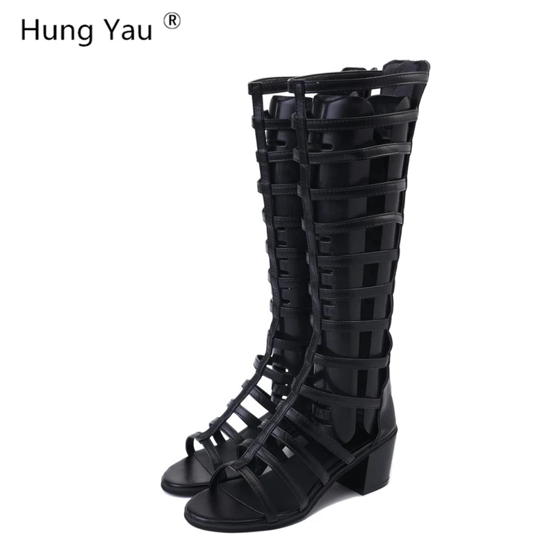 Черный Hung Yau/сетчатые сапоги; обувь для женщин с квадратным носком; высокие сапоги на низком каблуке с перекрестными ремешками; женские модные сапоги до колена; Летние босоножки - Цвет: Черный