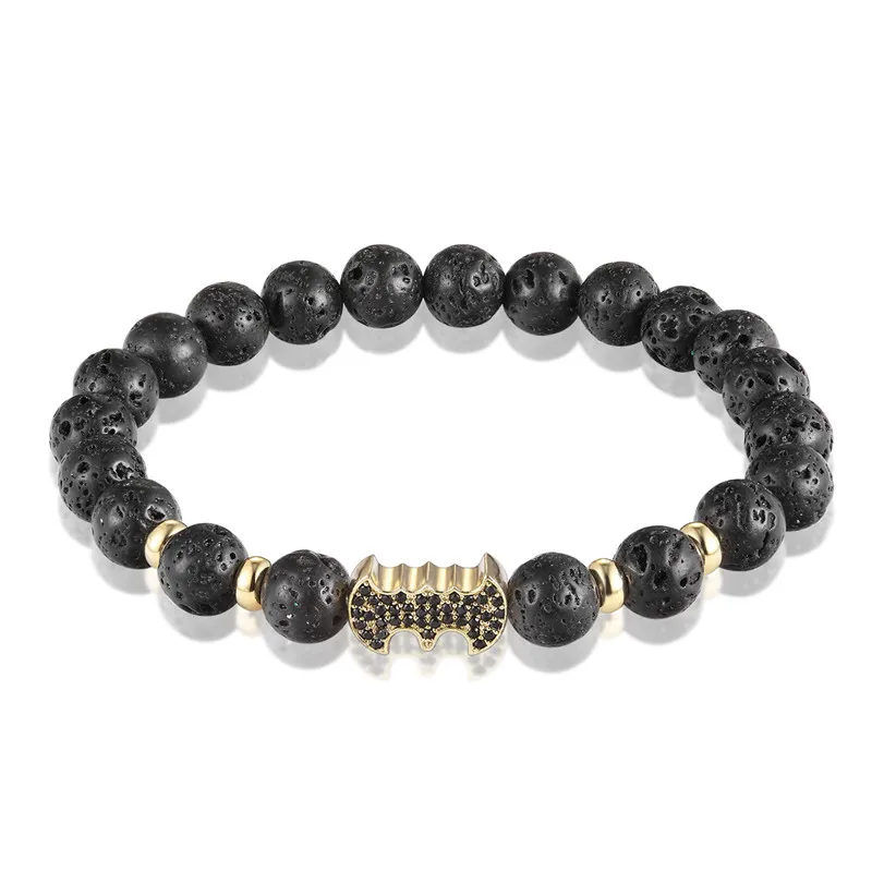 Brand Fashion Natural Beads Strand Bracelet Micro Pave CZ Black Bat Crown 8MM Lava Rock Stone Energy Men Buddha Bracelets homme | Украшения