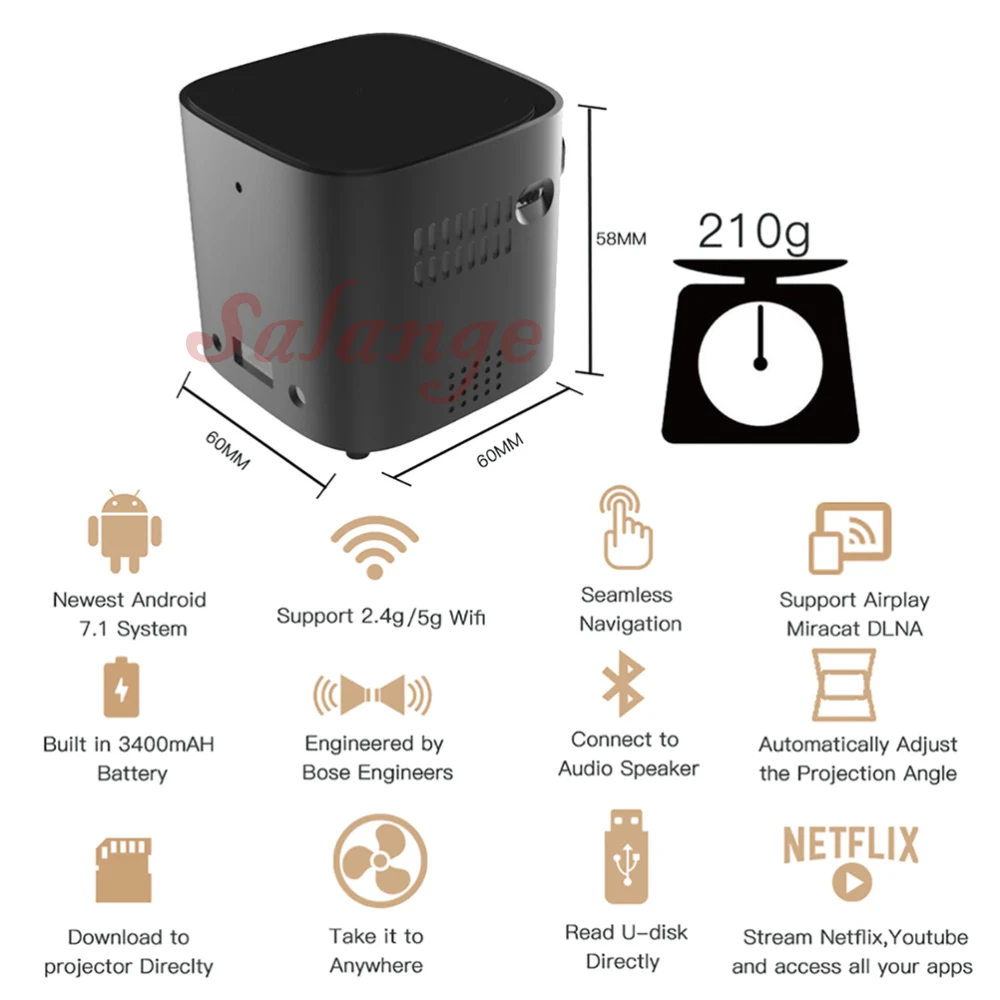 Salange S12 мини проектор Android 7.1.2 OS для Full HD 1080 P Портативный dlp с Bluetooth Батарея Проектор
