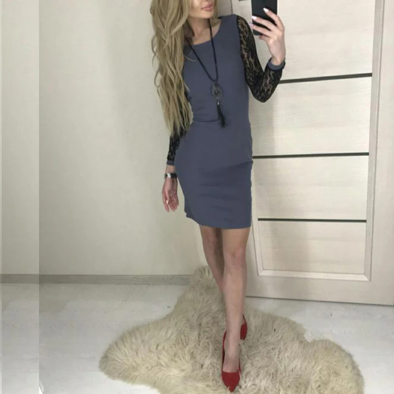 

Summer Women Lace Patchwork Bodycon Party Dress Long Sleeve O neck Mini Dress Spring Black Elegant Fashion Women Dress SJ1858V