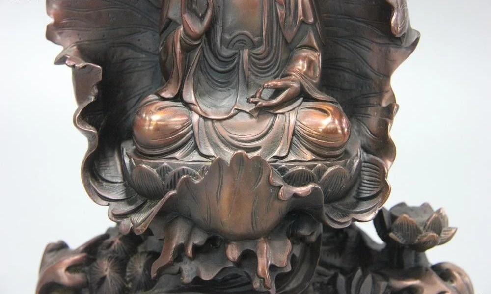 Китайский буддийский из бронзы медный лист лотоса Kwan-yin статуя Бодхисаттвы