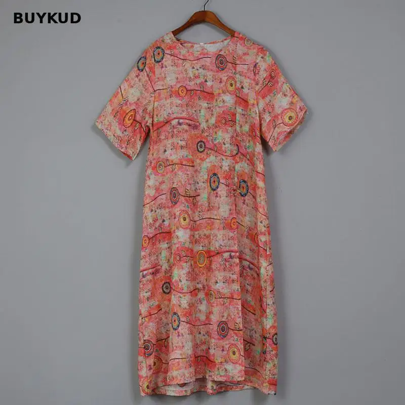 BUYKUD 2018 New Women Short Sleeve Split Round Neck Summer Dress Print Long Plus Maxi | Женская одежда