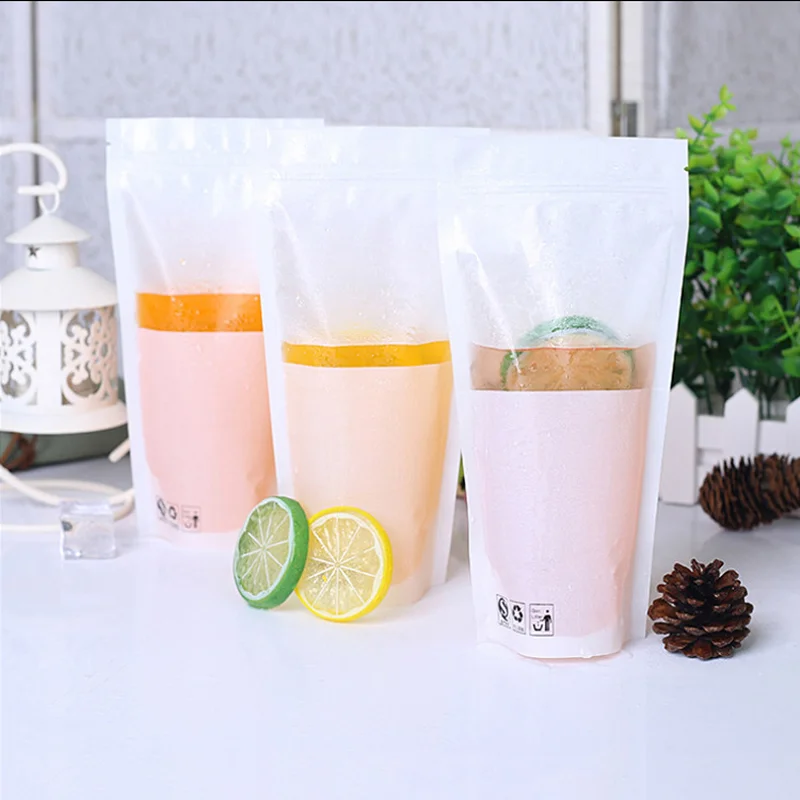 

50pcs 12x24x4cm White Scrub Beverage Transparent Self-supporting Ziplock Liquid Packaging Bags Plastic Juice Milk Tea Bag