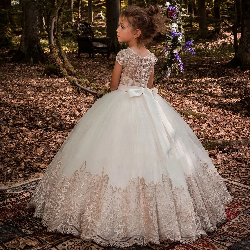 

Flower Girl Dresses Beading Sash Ball Gowns Lace Appliques Floor Length Flower Girls Princess Elegant Wedding Pageant Dresse