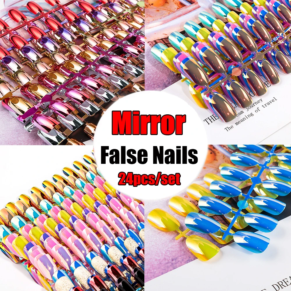 24PCs/Pack Mirror Silver False Nails Point Colorful Metallic Acrylic Artificial Nail Tips Easy for Daily wear Art Accessories | Красота и