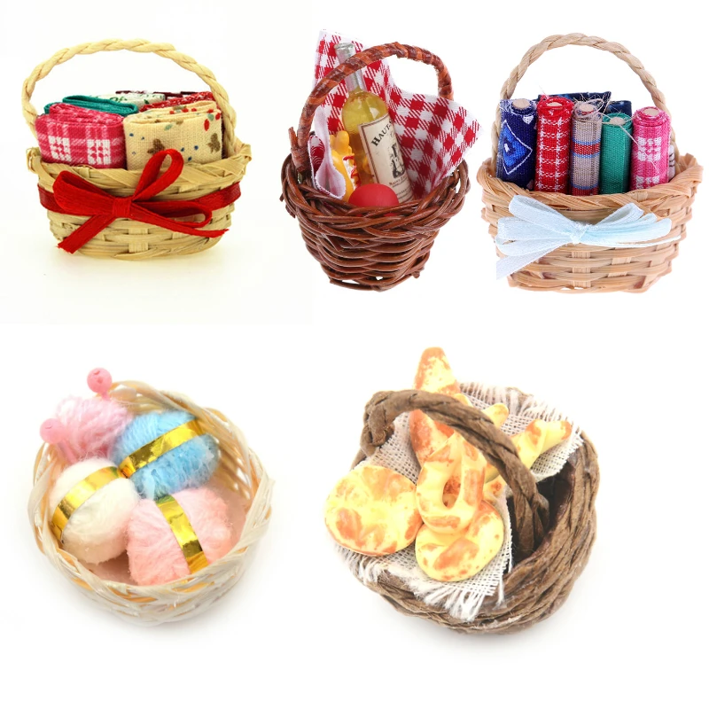 

1:12 Mini Food Milk Bread Basket/Vegetables Basket/Picnic Simulation Miniatures For Doll House Ornaments Toy Kids Gift