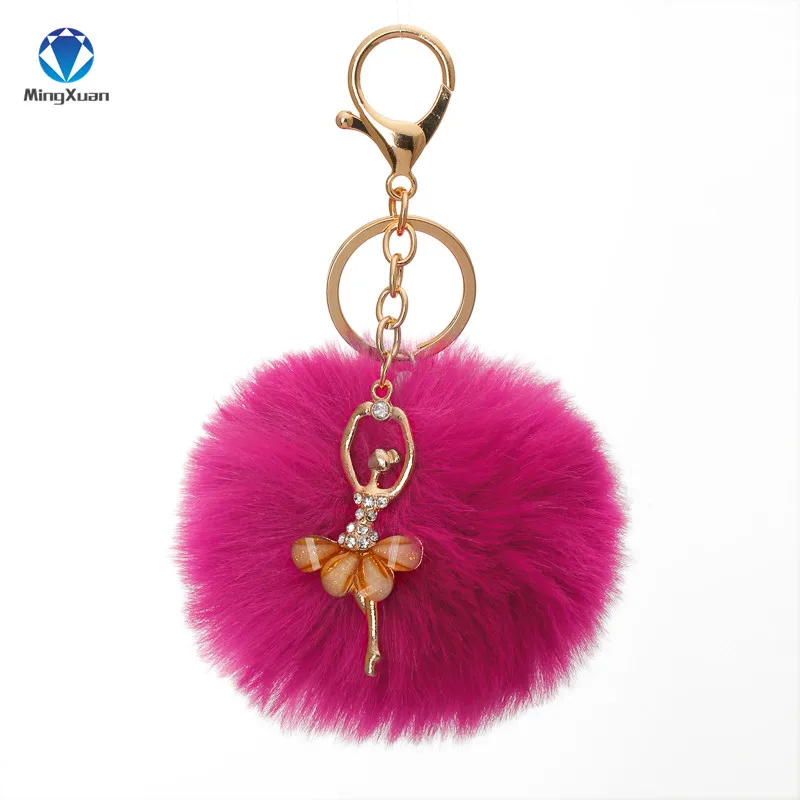 Помпон porte clef pompom de fourrure, цветные брелки из искусственного меха, пушистые Брелоки для ключей, балерина, помпон для девочек, брелок llavero - Цвет: Rose Red