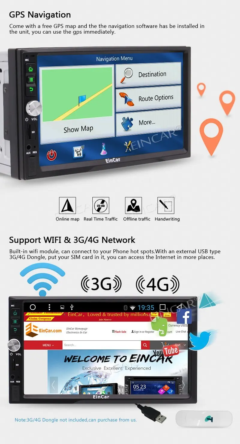 7 &quot2 DIN Android 1 Авторадио Eincar четырехъядерный навигатор gps радио AM FM bluetooth Поддержка