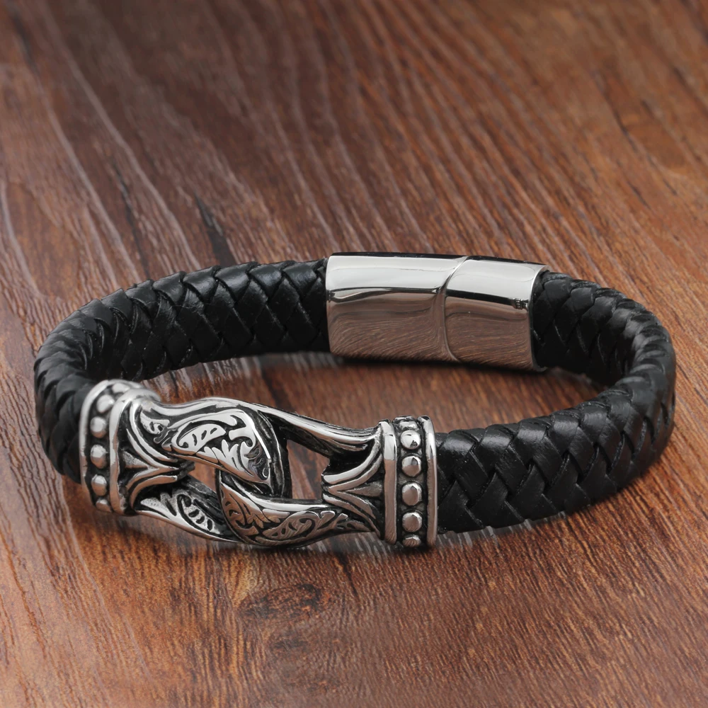 Натуральная кожа браслет мужской нержавеющей стали Braid с магнитной застежкой