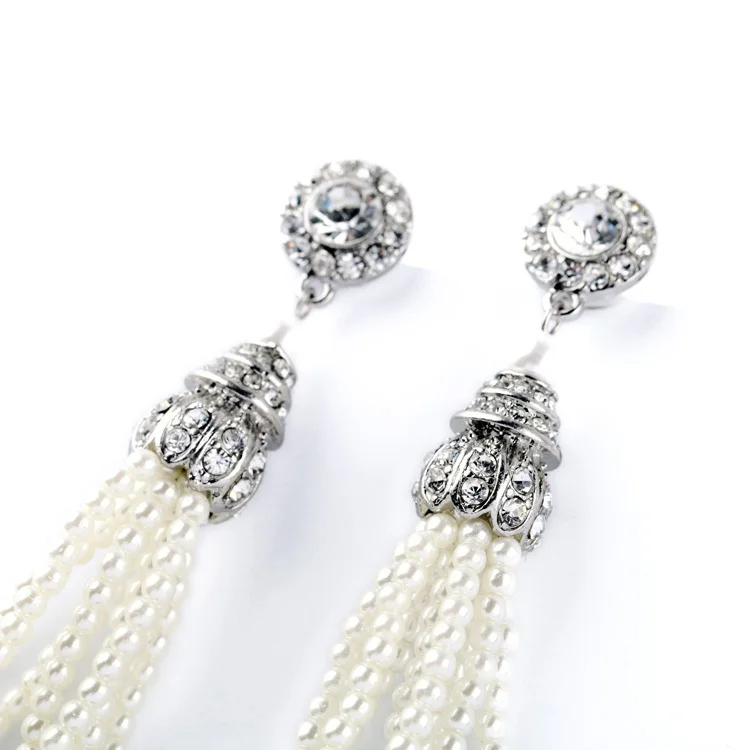 Elegant Pearl Drop Earring Gold &amp Silver Color Diamante Tassel Beaded Wedding Long Fashion Women Jewelry | Украшения и