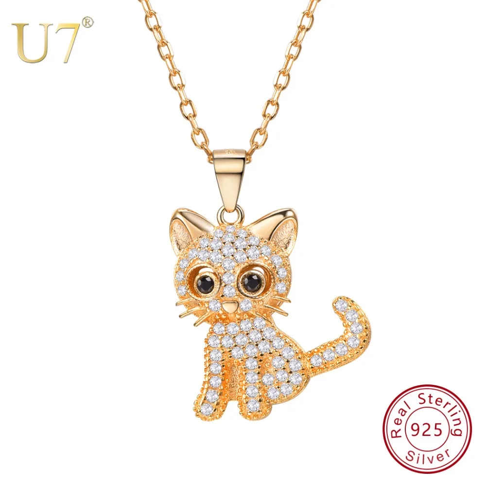 

U7 Cute Cat Pet Pendants Sliver Chain Gold Color CZ 925 Sterling Silver Animal Necklaces Women Jewelry for Girls Gifts New SC149