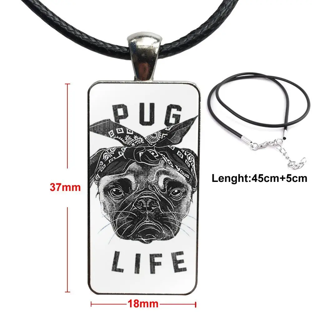 Cute Animal Pug Life Dog Cool Painted For Women Girls Glass Pendant Necklace Handmade Half Rectangle |