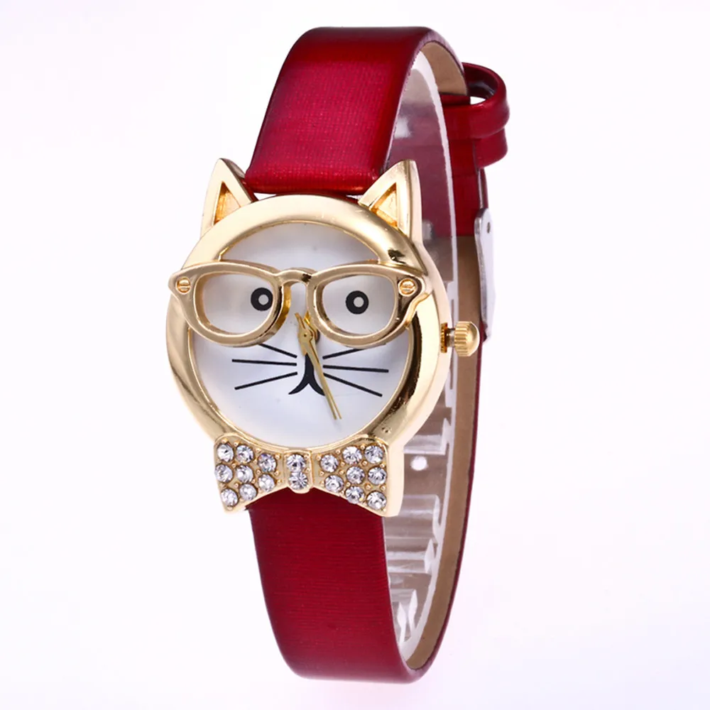 Симпатичные очки cat женские часы Аналоговый кварцевый Циферблат дамские повседневные модные подарок #