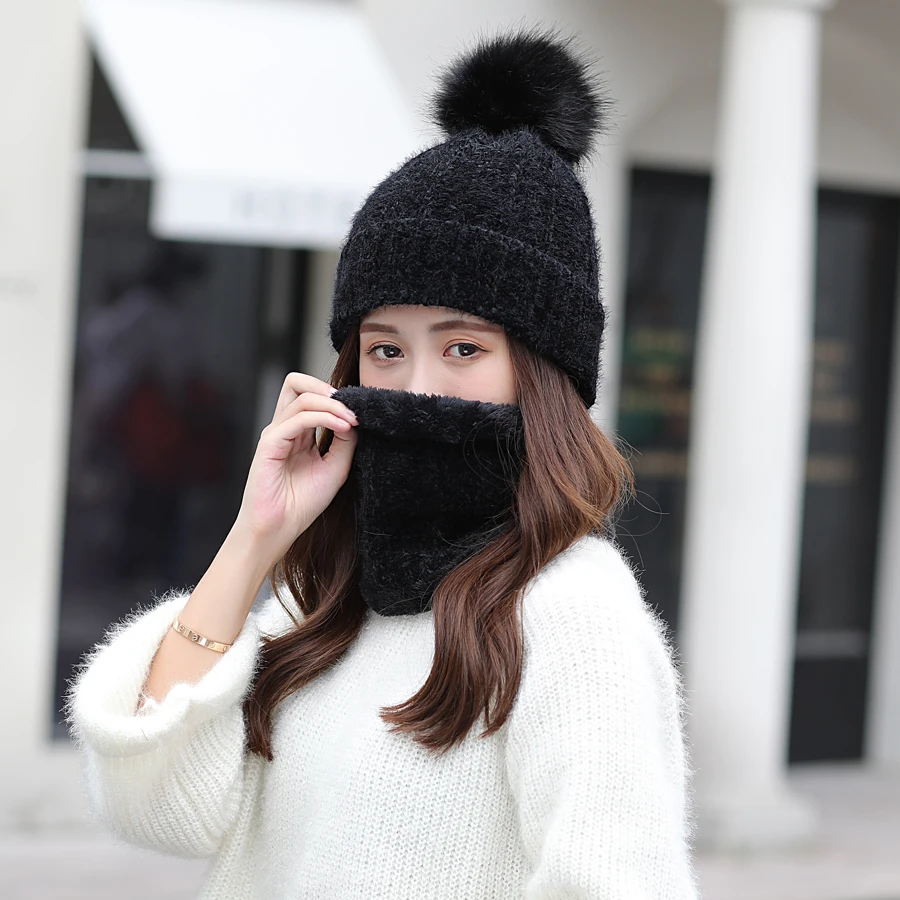 2018 новые зимние теплые женские шенилле наборы шарф шапка шапочки с помпоном