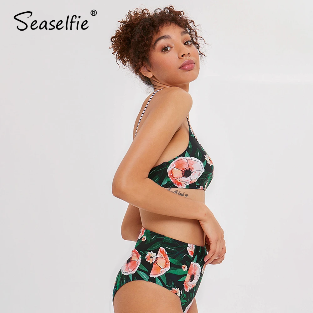 Secelfie/зеленые женские комплекты бикини с цветочным принтом и высокой талией Boho