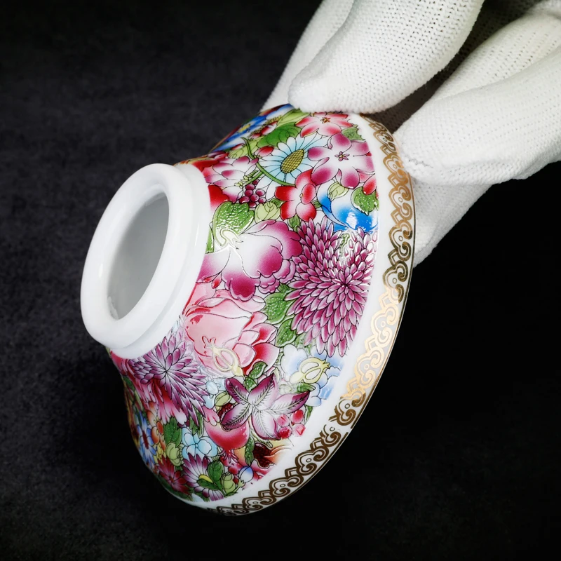 Фарфор Цзиндэчжэнь винтажный цвет эмаль цветок птицы чайное ситечко и держатель