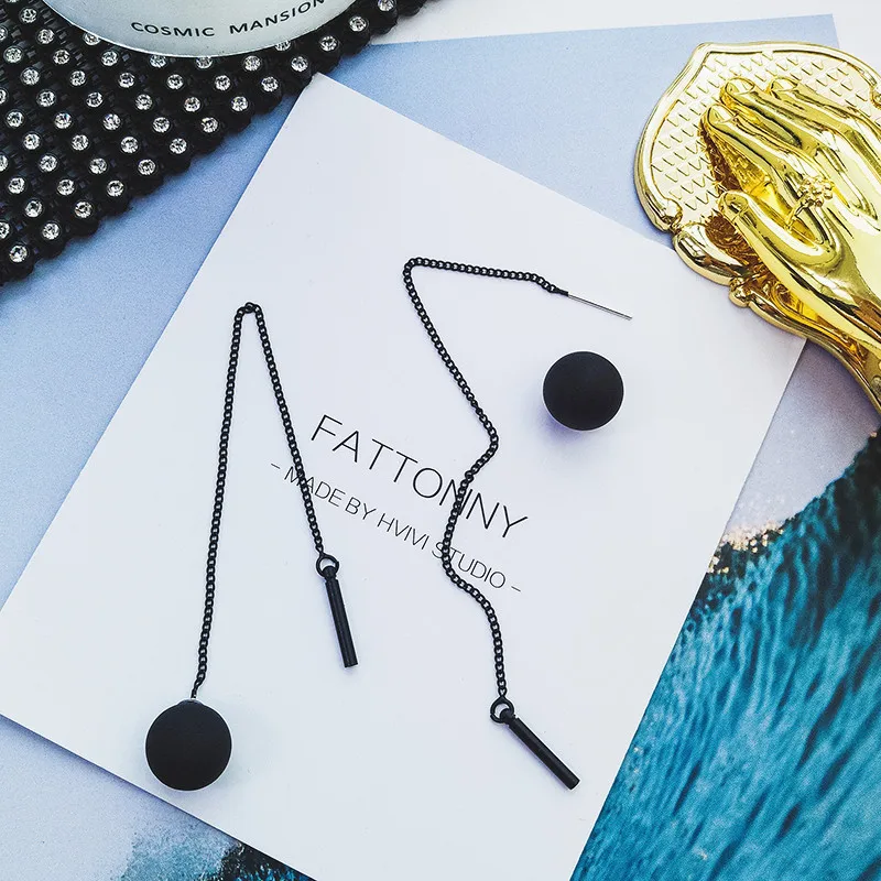 Dominated new long tassels black joker personality metal ball Drop earrings Women temperament Jewelry