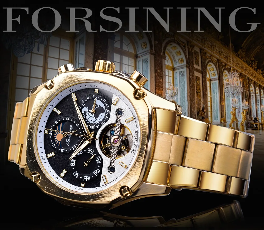 Forsining Grand, золотые автоматические часы, турбийон, Moonphase, мужские механические часы с календарем, стальные ремни, наручные часы, Relogio
