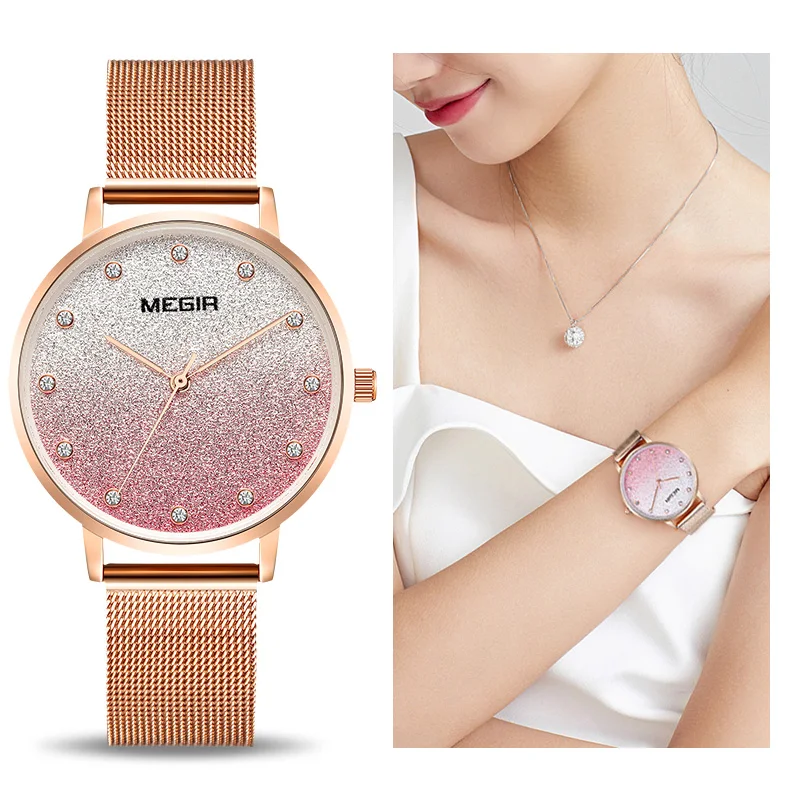 

Zegarek Damski 2019 New MEGIR Twinkly Big Dial Women Watches Rose Gold Ladies Watch Free Shipping Reloj Mujer Montre Femme Saat