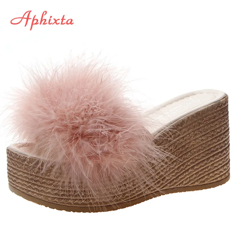 Aphixta/женские шлепанцы на каблуке 9 см; женские шлепанцы; шлепанцы на платформе с искусственным мехом; женская обувь на платформе; пляжные сандалии; zapatos mujer - Цвет: Pink