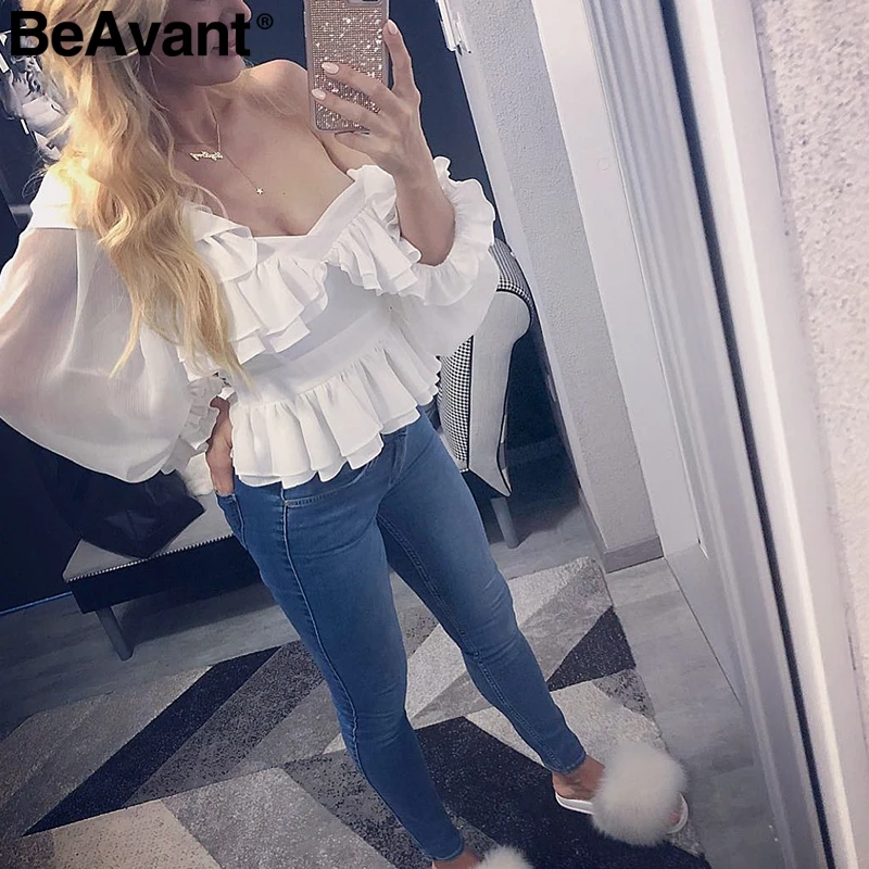 BeAvant Sexy off shoulde шифоновая белая блузка для женщин Лето 2019 г. баски рубашка Топ