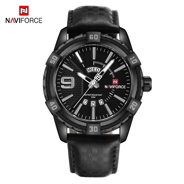 Black Бренд NAVIFORCE, кварцевые часы для мужчин, кожаный ремешок, военные спортивные часы, водонепроницаемые, 24 hout, неделя, дата, наручные часы, Relogio Masculino - Цвет: Black