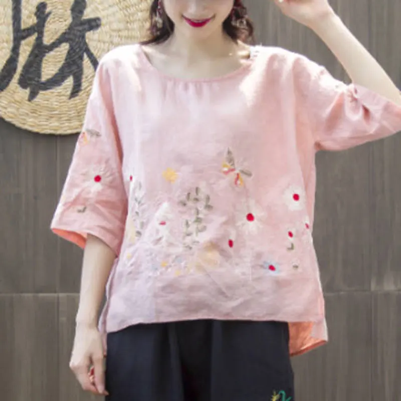 F&ampje New Summer Women Tshirt Plus Size Flower Embroidery Vintage Cotton Linen Tee Shirt Femme Short Sleeve O-neck Tops Big HXJ14 | Женская