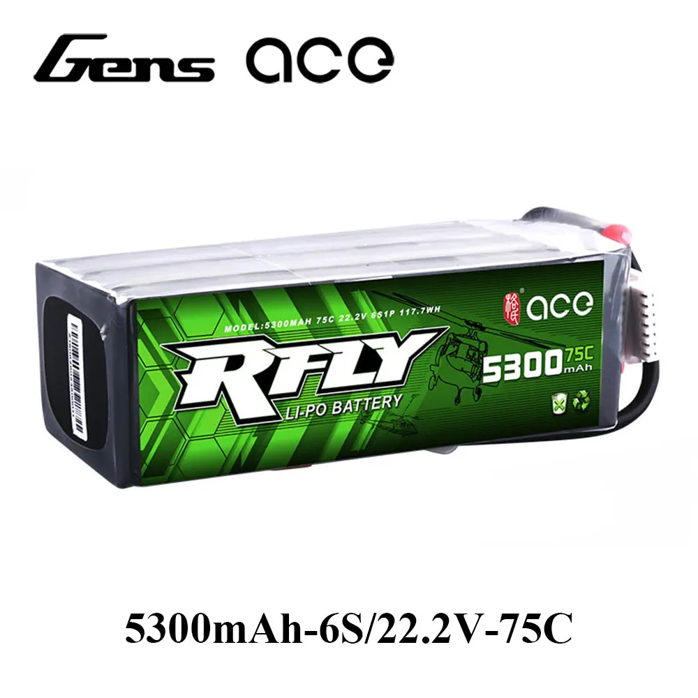 

Gens ace RFLY 5300mAh 6S 22.2V 75C Max 150C Lipo Battery with Dean T Plug for Traxxas Boat Heli Fixed Wing Drone Plane Car