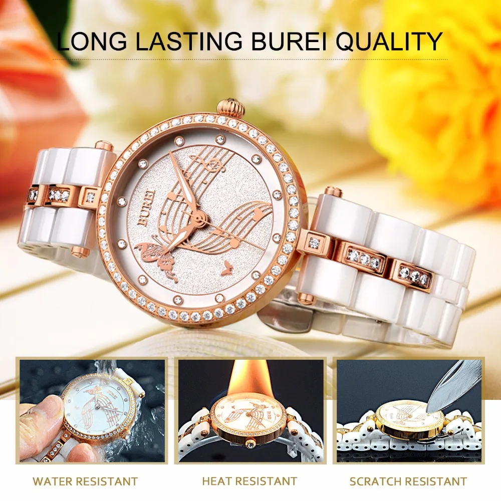 BUREI женские повседневные часы музыкальный циферблат бриллианты керамический