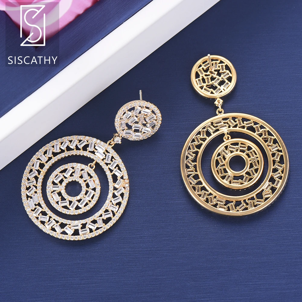 SisCathy 39*58 mm Fashion Big Circle Hollow Statement Earrings New Cubic Zirconisa Dangle Drop For Wedding Engagement | Украшения и