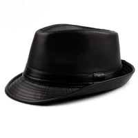 ht1512 autumn spring men hats 2018 fashion black brown leather trilby hats plain solid derby hats retro classic jazz fedora hats