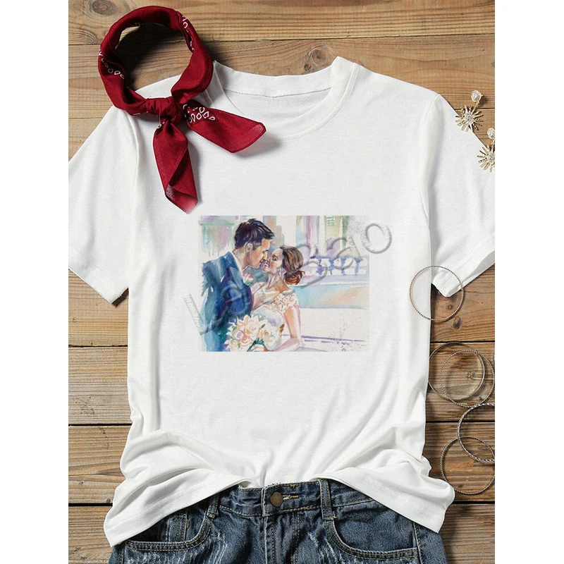 Целующаяся парочка футболка с картиной женские свадебные туфли невесты Юбилей