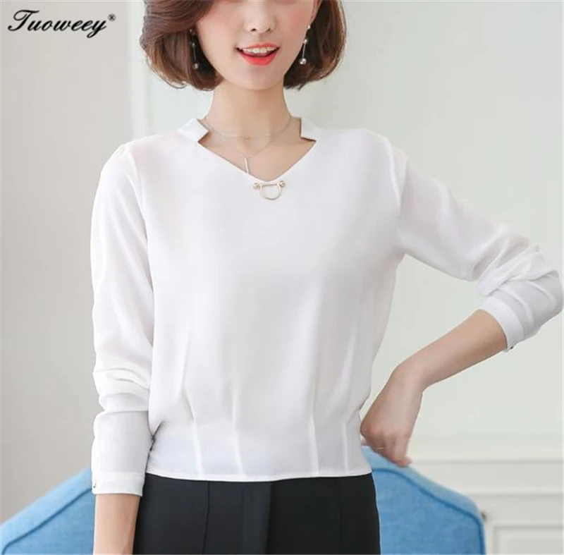 

Women Blouses New Arrival 2020 spring Long Sleeve V neck Casual Chiffon Blouse Shirt Split Hem White Summer Tops Tees Blusas